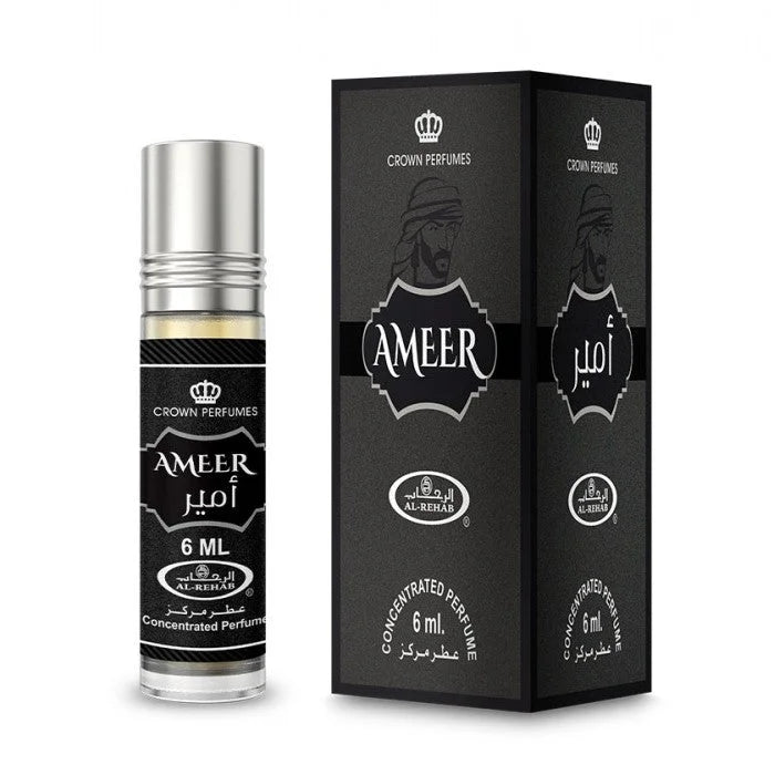 Alt tekst voor afbeelding van al-rehab parfumolie Ameer in flesje met zilveren dop