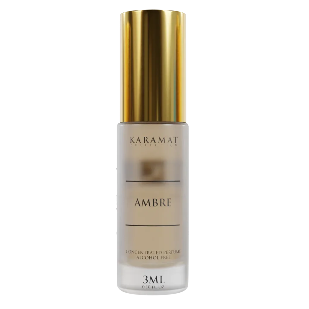 Karamat Ambre geconcentreerd parfum 3ml in witte en gouden fles, type relatie body html sorteer volgorde