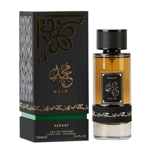 Zwarte en gouden parfumfles en doos met Arabische kalligrafie voor Bruin Parfum Majd