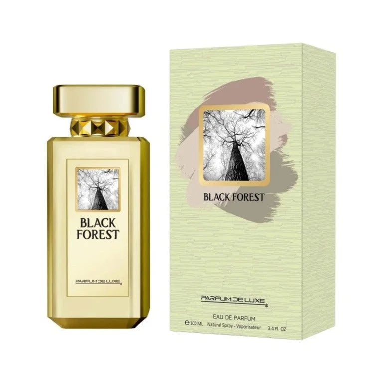 Goudkleurige Black Forest Parfumdeluxe fles met boomillustratie en bijpassende doos