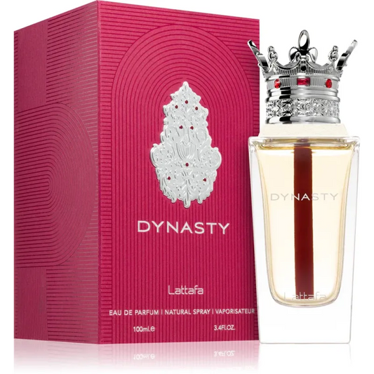 Dynasty parfumfles met kroonontwerp, roze-witte label, arabisch parfum
