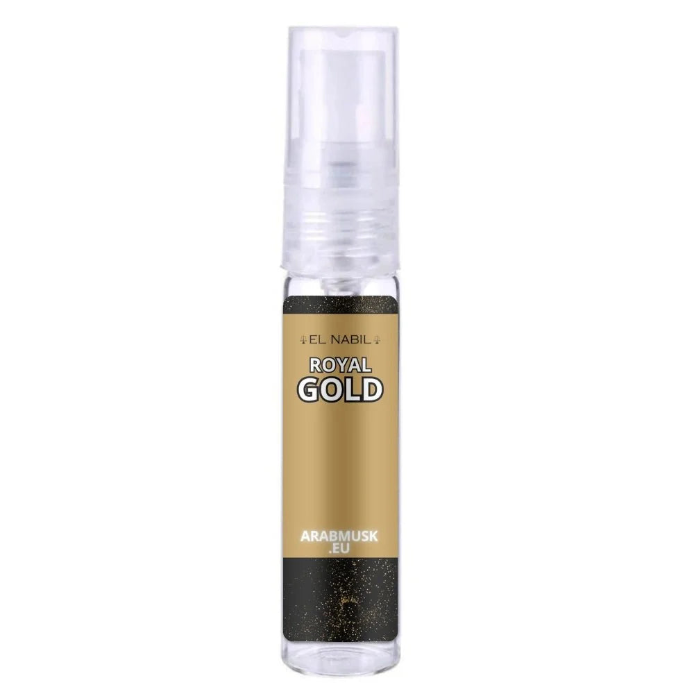El-Nabil Parfum Royal goud en zwart parfumflesje met goud en zwart vloeistof