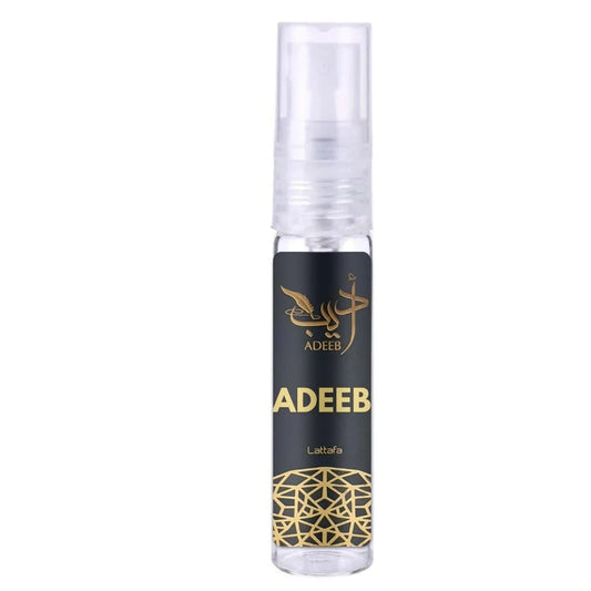 Elegante Lattafa Parfum Adeeb fles in zwart en goud met heldere dop