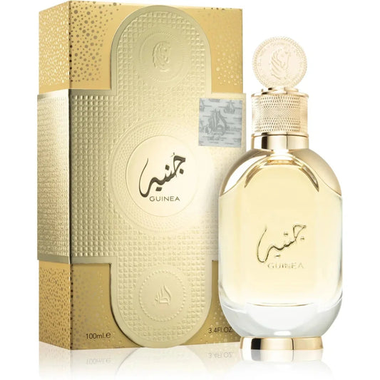 Gouden en witte Lattafa Parfum Guinea fles met Arabisch schrift