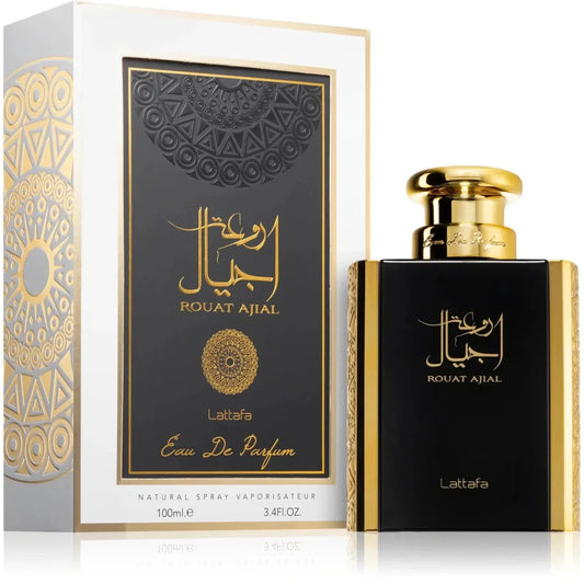 Zwarte en gouden Lattafa parfum Rouat Ajial fles met Arabisch schrift