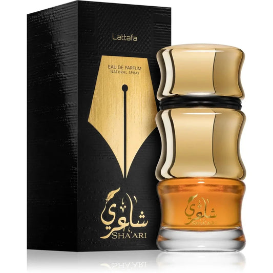 Luxe Lattafa Parfum Shaari in gouden amberfles met Arabisch schrift