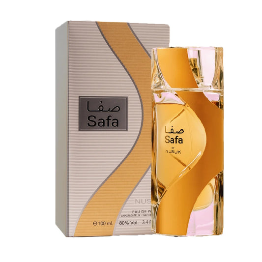 Gouden Arabische parfum flesje met Safa label en choco musk parfumolie
