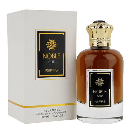 Noble Oud Riffs Parfum in oude fles met gouden dop en zwart etiket