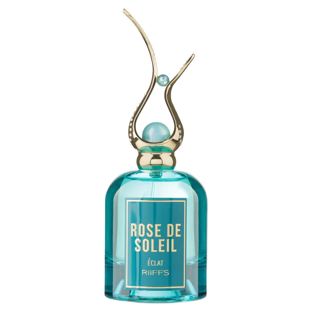 Turquoise parfumflesje met gouden accenten voor Riiffs Rose of Soleil Eclat, arabische parfum