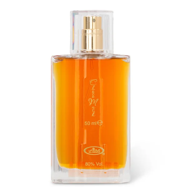 Amberkleurige vloeibare parfumfles met choco musk geur en goudsprayer, Al-Rehab Parfum Choco