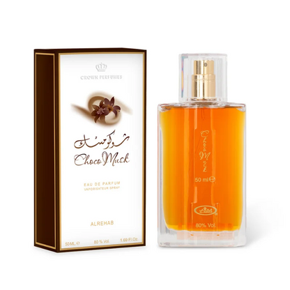 Al-Rehab Parfum Choco Musk met amberkleurige fles en gouden spray voor een luxe geur