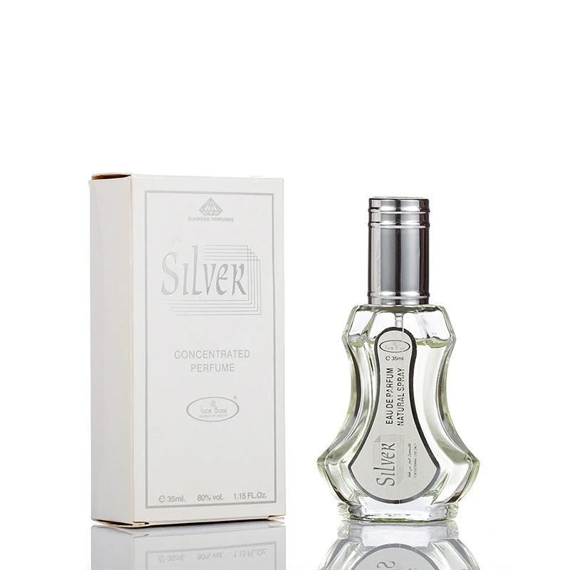 Zilveren parfumfles en doos van Al Rehab Parfum Silver voor een luxe geurervaring