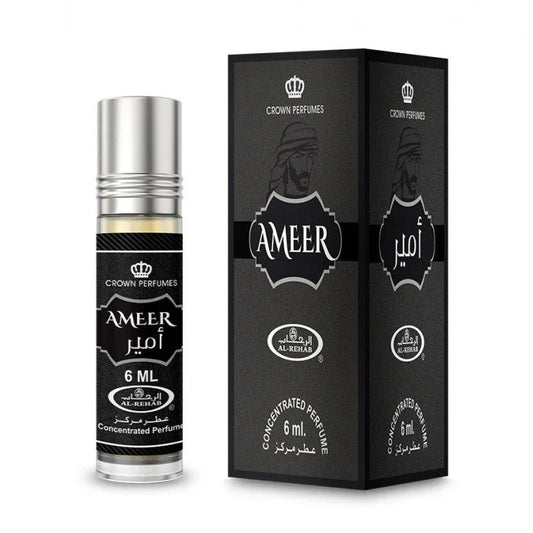 Alt tekst voor afbeelding van al-rehab parfumolie Ameer in flesje met zilveren dop