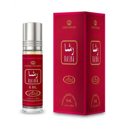 Red en zilveren bloemige parfumolie Rasha roll-on flesje en bijpassende doos