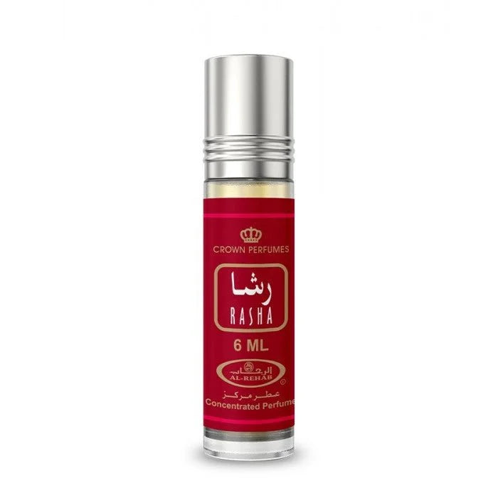 Cilindervormige 6ml parfumolie Rasha met rode label en zilveren dop