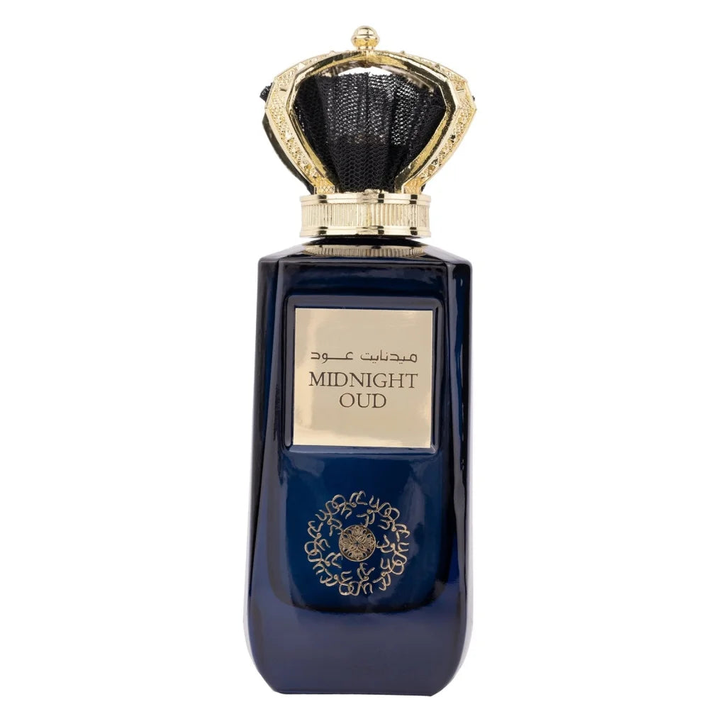 Dark blauw Zaafaran Parfum Midnight Oud fles met gouden kroondop, luxe geur