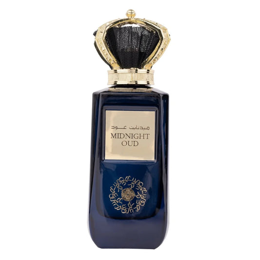 Dark blauw Zaafaran Parfum Midnight Oud fles met gouden kroondop, luxe geur