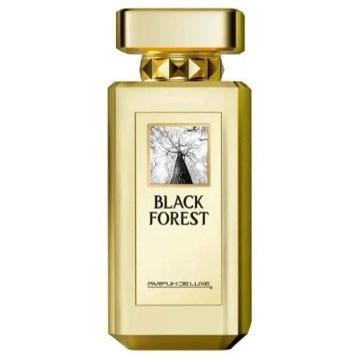 Goudkleurige Black Forest parfumdeluxe fles met boomillustratie voor Black Forest parfumdeluxe