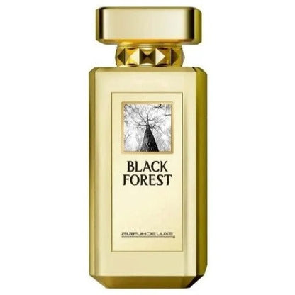 Goudkleurige Black Forest parfumdeluxe fles met boomillustratie voor Black Forest parfumdeluxe