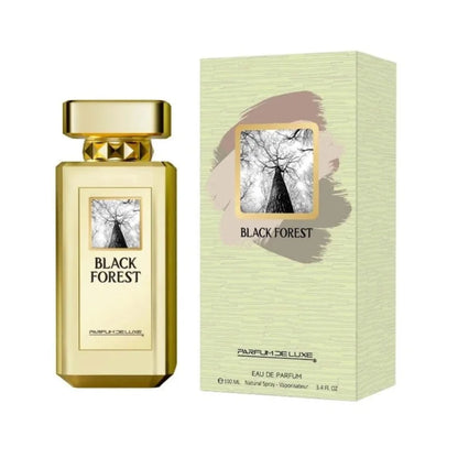 Goudkleurige Black Forest Parfumdeluxe fles met boomillustratie en bijpassende doos