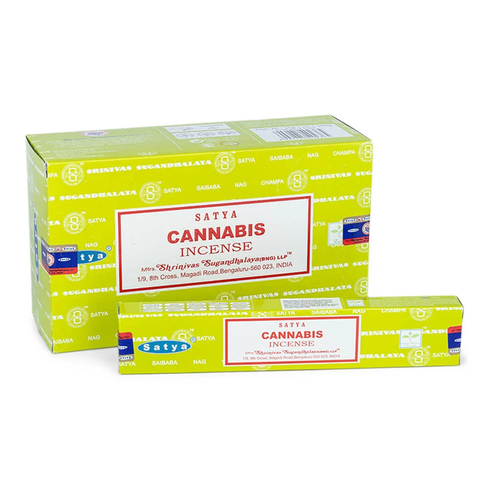 Satya Cannabis Wierookstokjes doosje en stick pack, cannabis wierookstokjes satya