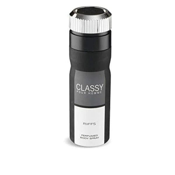 Zwarte en zilveren Classy Pour Homme body spray fles met classy branding