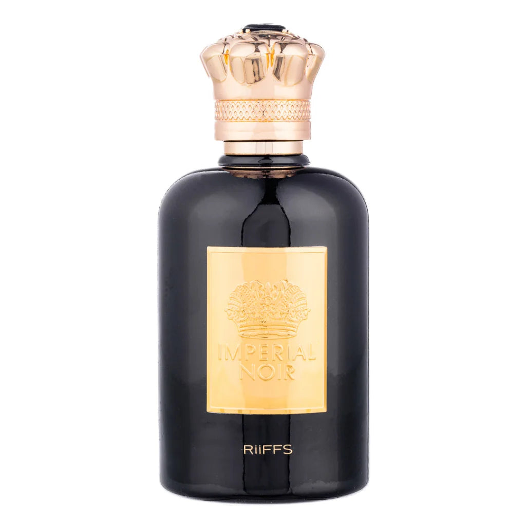 Zwart parfumflesje met gouden kroondop van Salepify Impérial Noir Parfumflesje