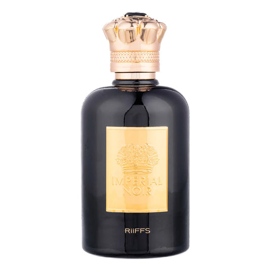 Zwart parfumflesje met gouden kroondop van Salepify Impérial Noir Parfumflesje