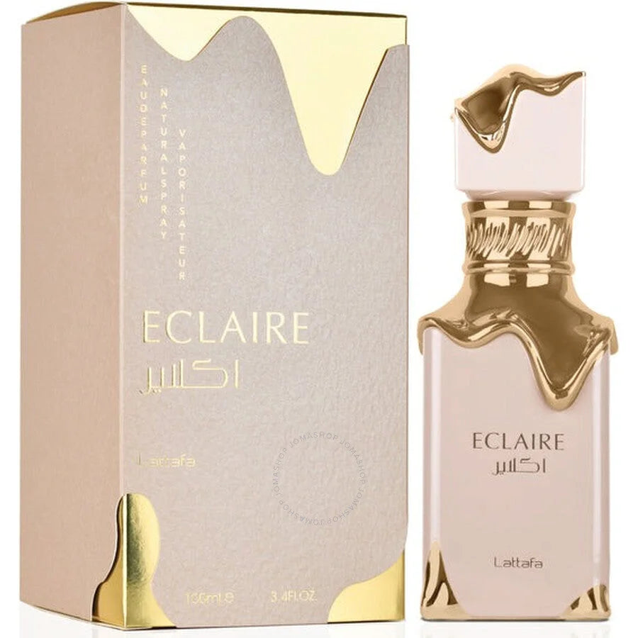 Eclaire Lattafa Arabische parfum met witte bloemen en gouden details in een lichtkleurige fles