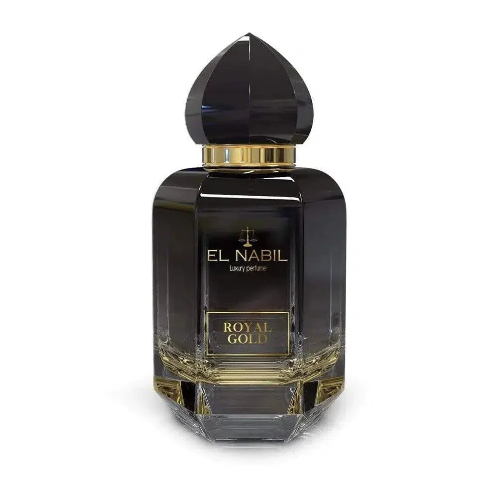 Zwarte en gouden geslepen parfumfles met ornamentale dop van El-Nabil Parfum Royal Gold
