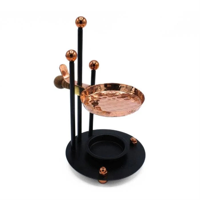 Zwarte koperen theelichthouder voor incense brander met koperen kom en koperen pan