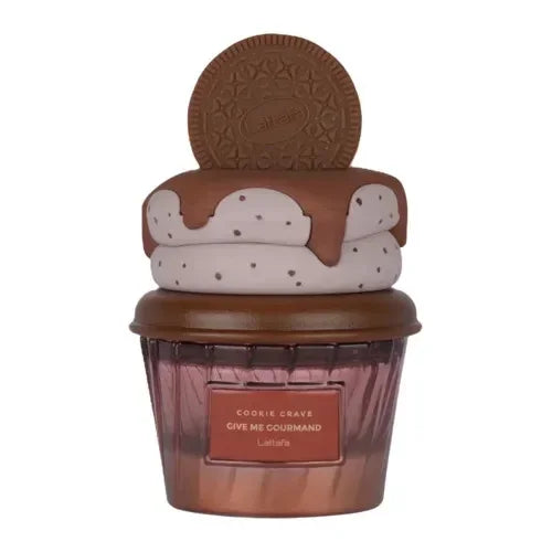 Chocolade cookie cup kaars met bruine deksel en witte label Lattafa Cookie Crave Eau de Parfum