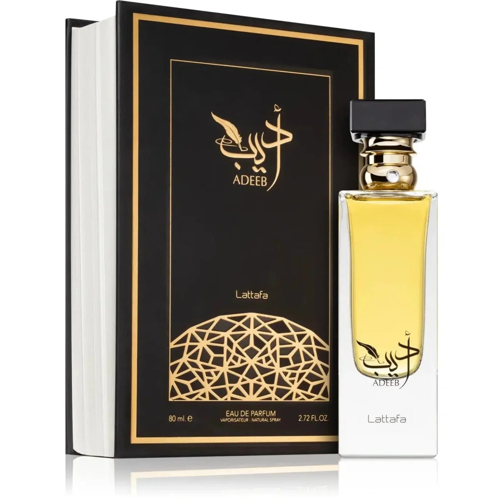 Lattafa Parfum Adeeb zwarte en gouden 10ml fles met Arabische kalligrafie