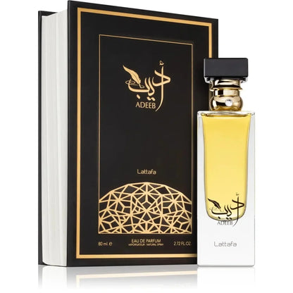 Lattafa Parfum Adeeb zwarte en gouden 10ml fles met Arabische kalligrafie