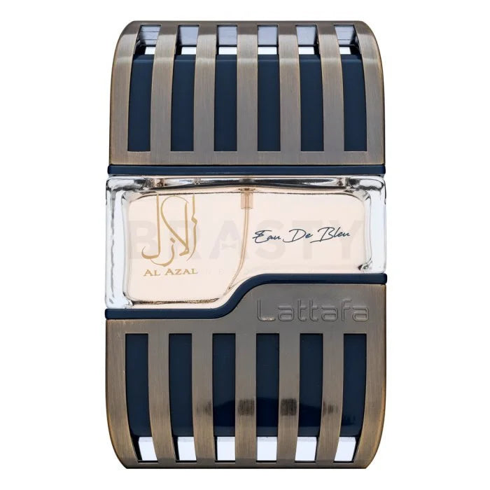 Blauwe en zilveren Lattafa parfum fles met gestreept patroon