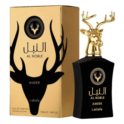 Elegante zwarte en gouden hertenkop parfumfles Al Noble Ameer lattafa parfum