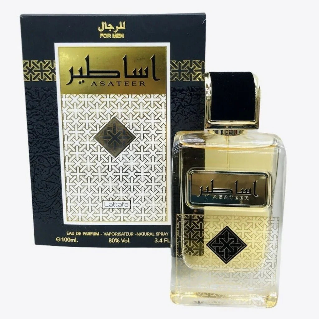 Lattafa Parfum Asateer 100ml goudzwarte fles met Arabisch ontwerp