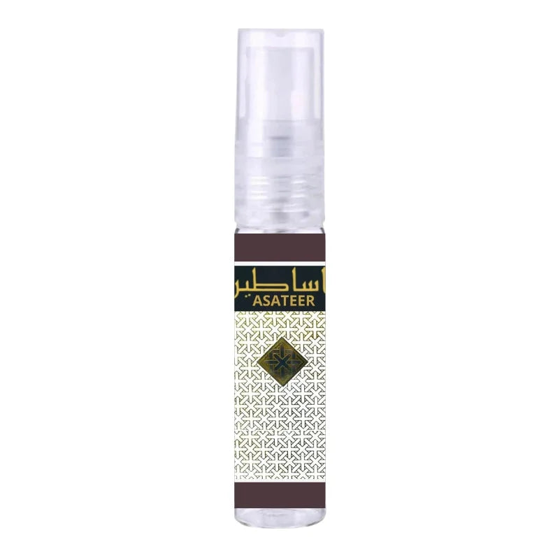 Bruine en witte Lattafa Parfum Asateer sprayfles met geometrisch patroon