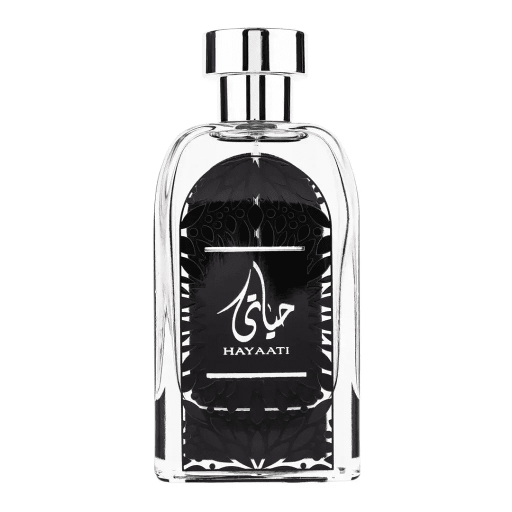 Zwarte en zilveren Zaafaran Parfum Hayaati met Arabische kalligrafie