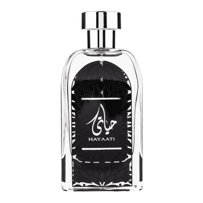 Zwarte en zilveren Zaafaran Parfum Hayaati met Arabische kalligrafie