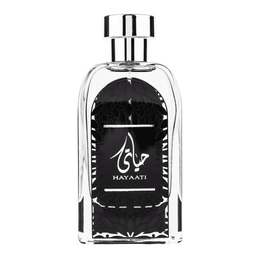Zwarte en zilveren Zaafaran Parfum Hayaati met Arabische kalligrafie