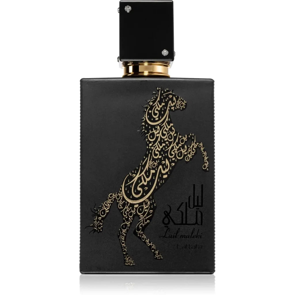 Zwarte Lattafa Parfum Lail bloemige parfum met paardenvorm en Arabische kalligrafie