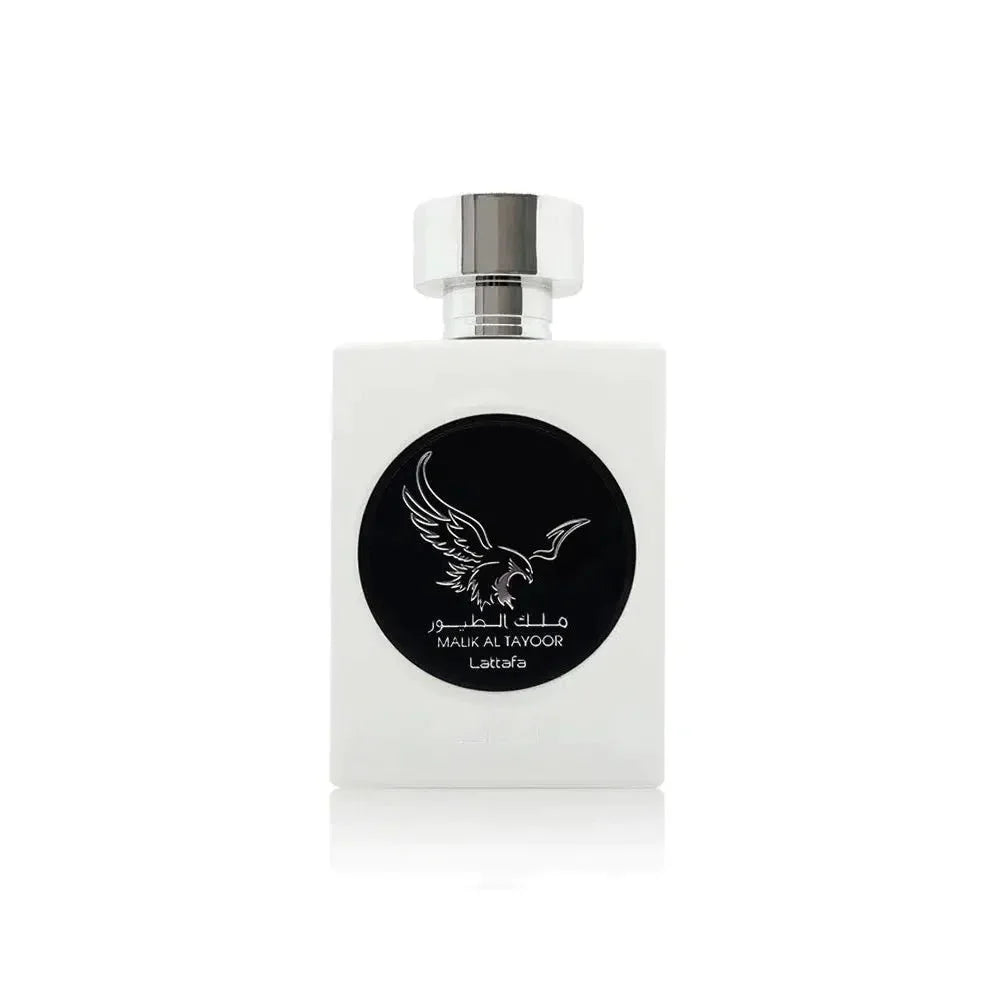 Witte vierkante fles Lattafa Parfum Malik met adelaarontwerp en zwart etiket
