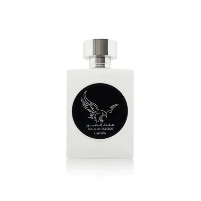 Witte vierkante fles Lattafa Parfum Malik met adelaarontwerp en zwart etiket