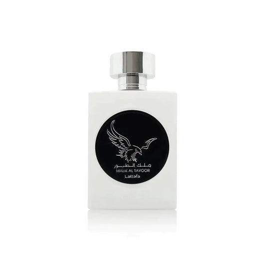 Witte vierkante fles Lattafa Parfum Malik met adelaarontwerp en zwart etiket
