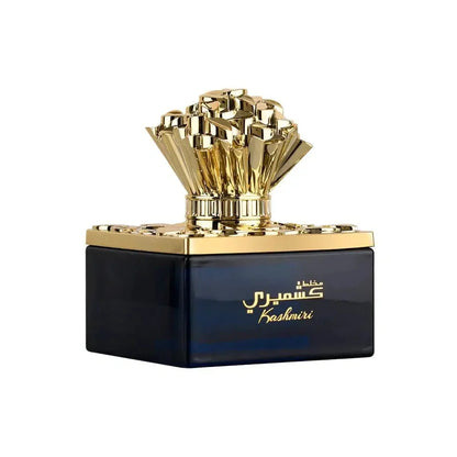 Blauwe glazen parfumfles met gouden dop en bloemige Kashmiri design