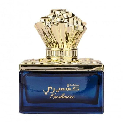 Blauwe glazen parfumfles met gouden dop voor Parfum Mukhallat Kashmiri