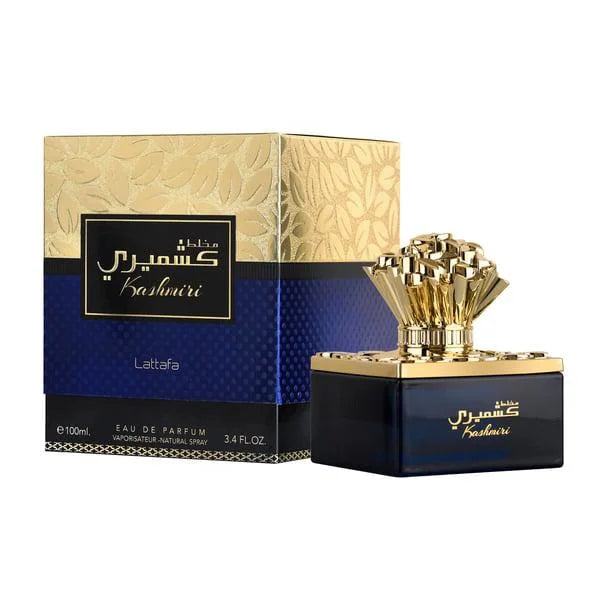 Gouden en blauwe bloemige parfumfles 100ml Mukhallat Kashmiri