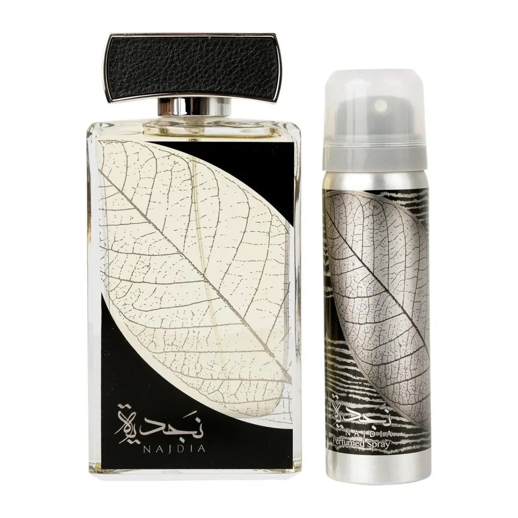 Zwarte en zilveren Lattafa Parfum Najdia bladpatroon parfumfles