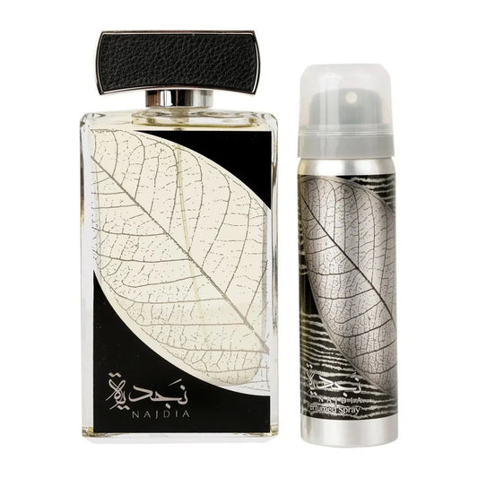 Zwarte en zilveren Lattafa Parfum Najdia bladpatroon parfumfles